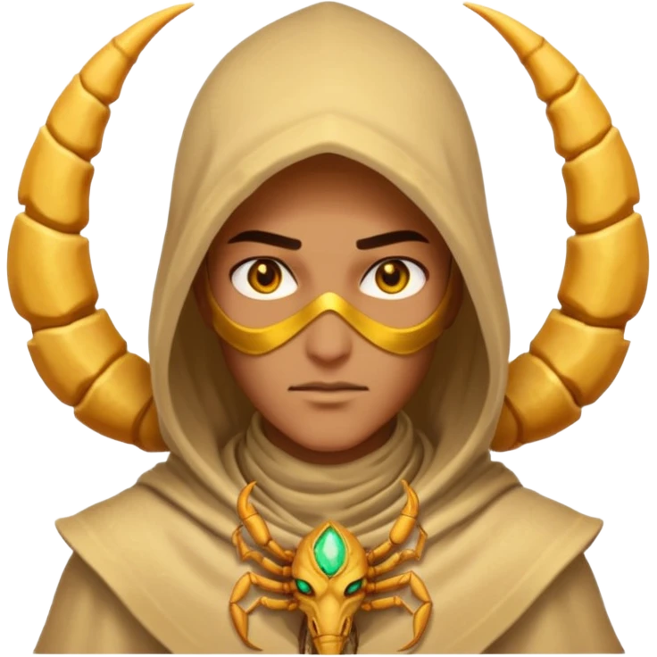 desert sand mage portrait, head and shoulders only, scorpion-themed hood, golden desert jewelry, swirling sand aura, glowing eyes, fantasy vibe, 3D cartoon, mobile game icon style, clean background, no text, no watermark
 emoji