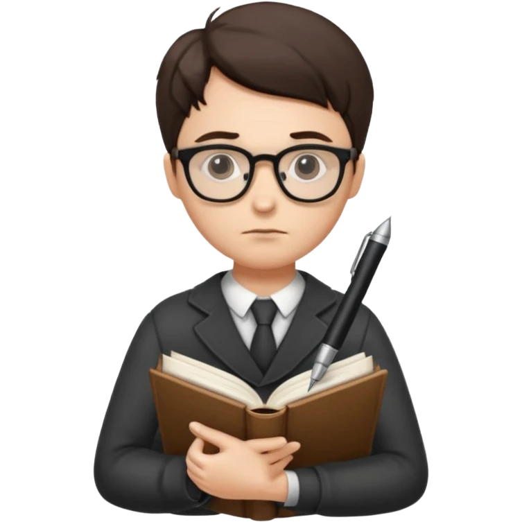 writer holding big pen in hand and closed book in other hand, wearing glasses emoji
