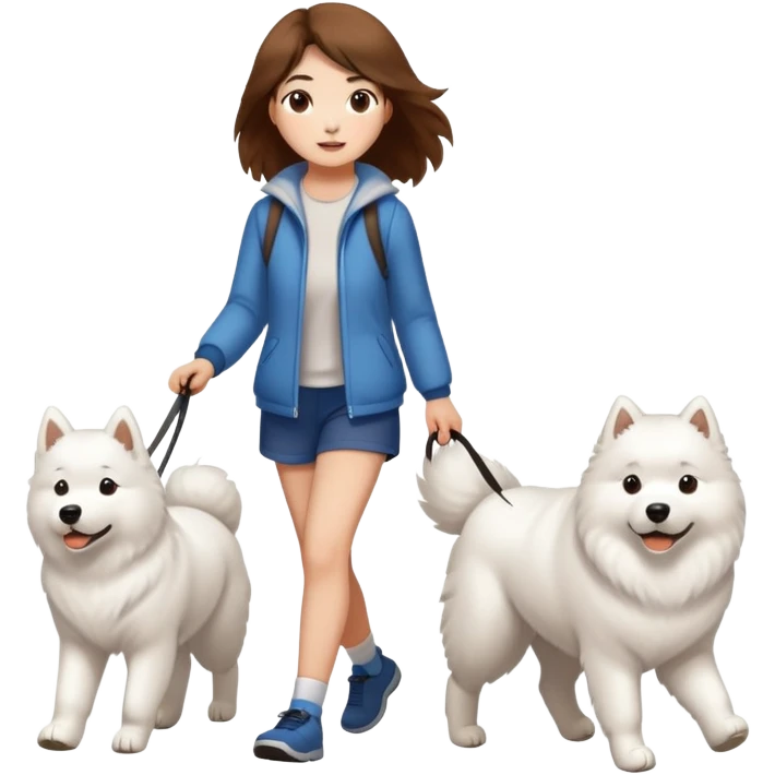 Brown-haired girl walks a Samoyed emoji