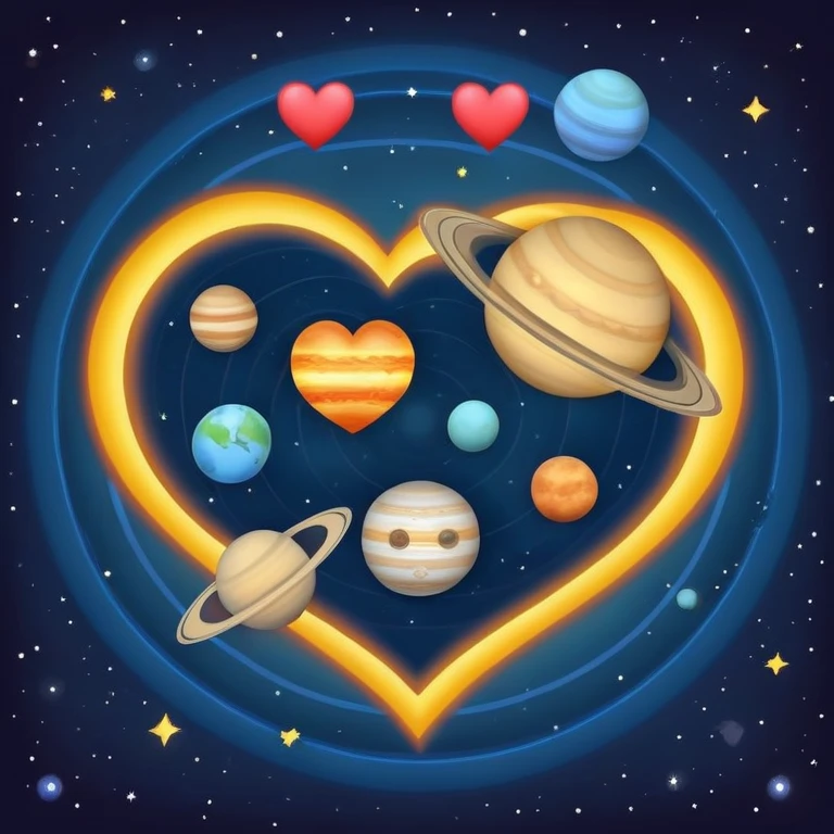 Solar system with heart-shaped planets orbiting a sun, colorful planets in the shape of hearts emoji