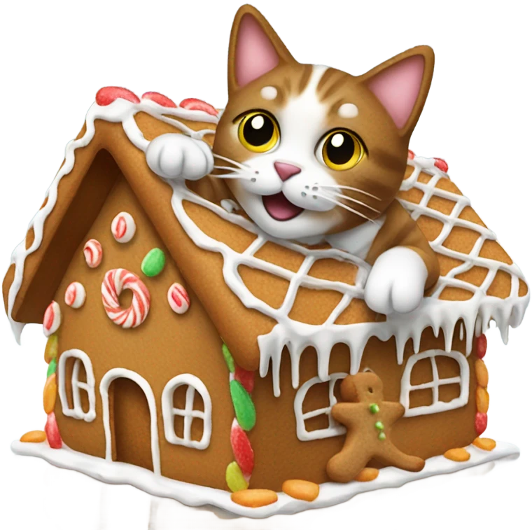cat eating gingerbread house with gingerbread man emoji