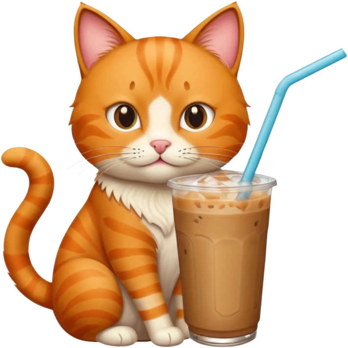 Gato naranja tomando café frio con un popote emoji