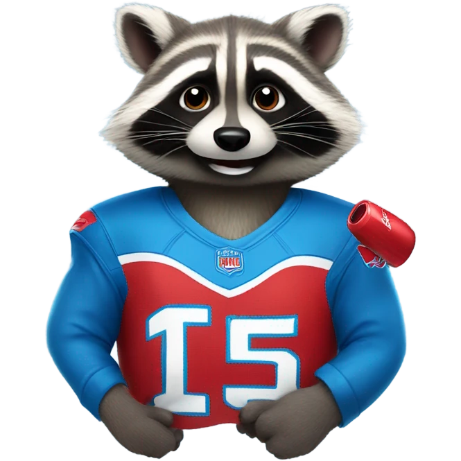 A cute raccoon holding a red bull drink, wearing a blue Detroit lions jersey  emoji