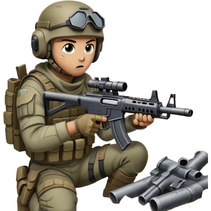 A skilled airsoft player in tactical gear, aiming a gun and shooting metal BBs in a desolate, ruined landscape. The setting is filled with broken walls and debris, creating a tense atmosphere of strategy and precision in a high-stakes tactical environment emoji