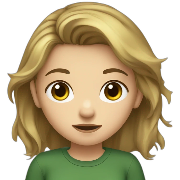 adolescent girl with messy brown blond hair, green and hazel eyes, looking a bit tired, dark green shirt emoji