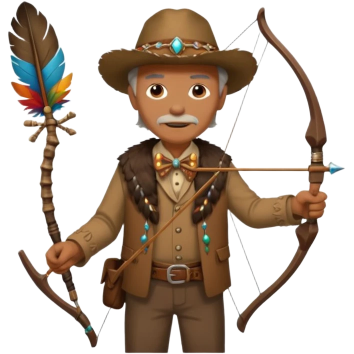 The classic image of a middle-aged uncle hunter carrying a bow, dressed in brown clothes, with some ornaments made of feathers, bones or teeth on his body. emoji