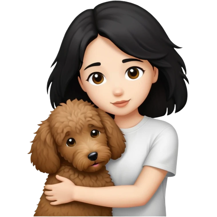 One girl with medium long black hair dressing white T-shirt, hugging One little brown coated labradoodle. emoji