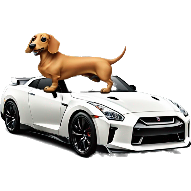 Full body dachshund on top of Nissan gtr car emoji