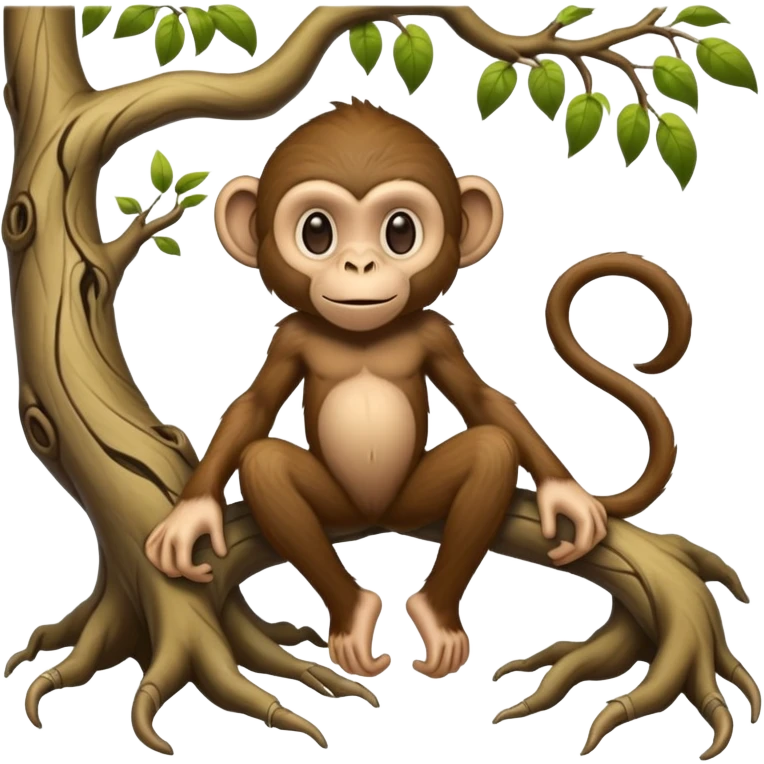 A mythical being standing on human feet with gnarly tree roots for legs and a playful monkey face emoji
