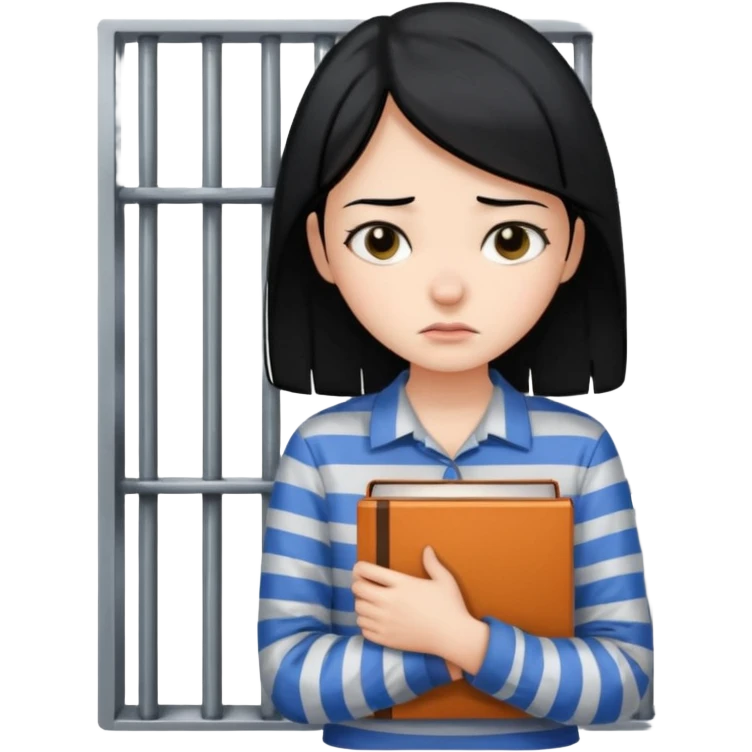 girl with black hair behind bars holding a book, casual shirt top emoji