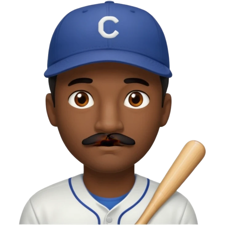 A dark-skinned man with a baseball cap, brown eyes, and a thin black mustache. emoji