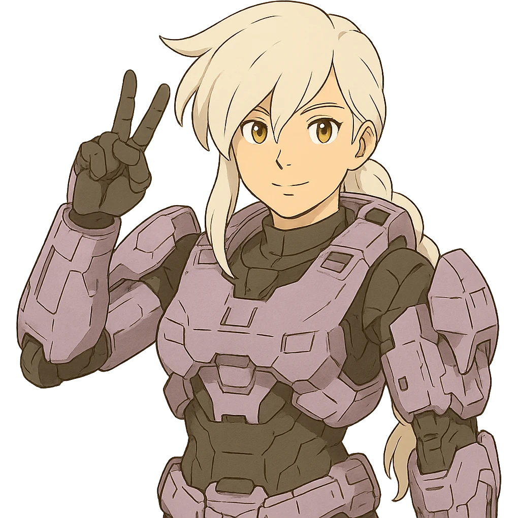 victory salute, female, wearing reach spartan armor shoulder-unequip, long white braid hair with massive messy front side single bangs, gold yellow eyes, attention pose, D-cup size, HALO:series, no helmet, the armor is lavender color scheme, emoji