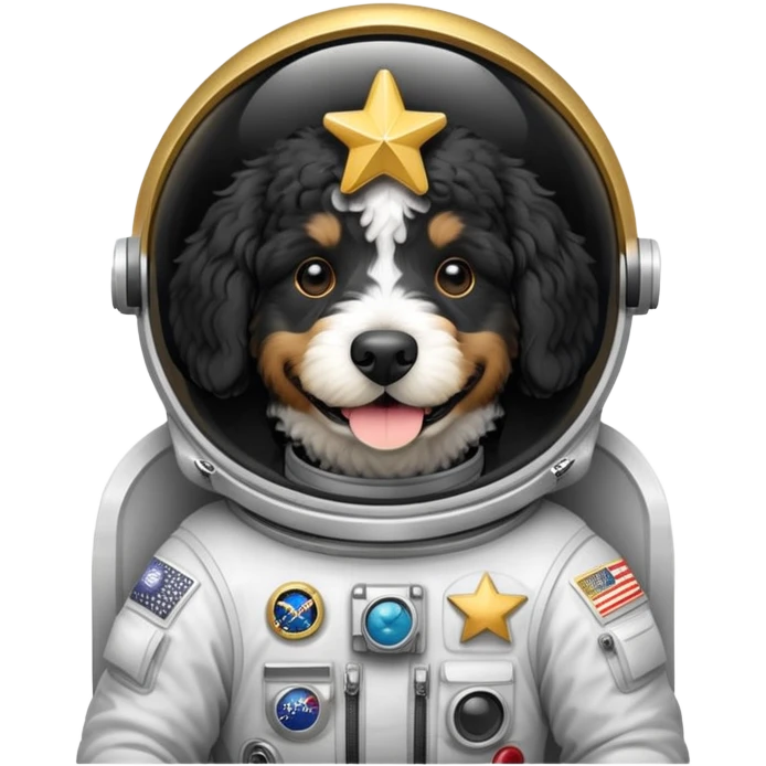 a black and white bernedoodle dog that is an astronaut holding a gold star emoji