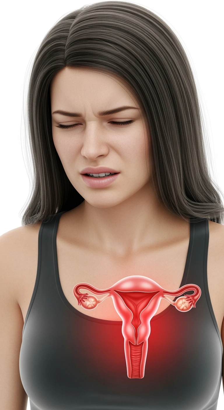 donna con utero umano realistico in evidenza dolorante, espressione di dolore in volto, sfondo bianco, non farla computerizzata, ma iperrealistica 4k emoji