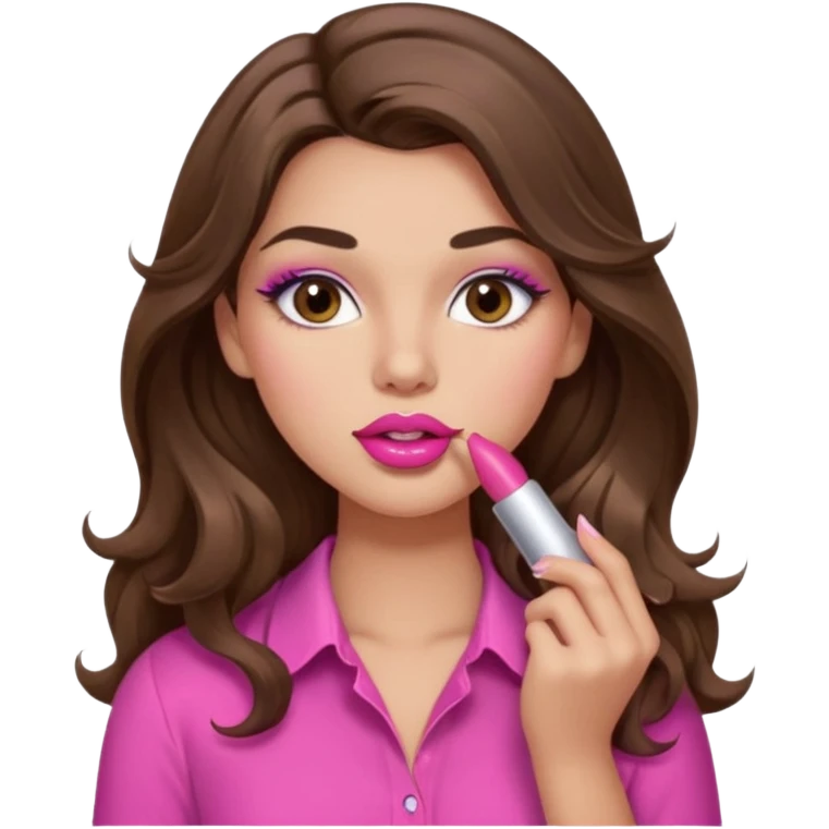 girl with long wavy brown hair, brown eyes, light to medium complexion, in a pink sexy shirt, pink lips, long lashes, puckered lips, putting on lipstick emoji