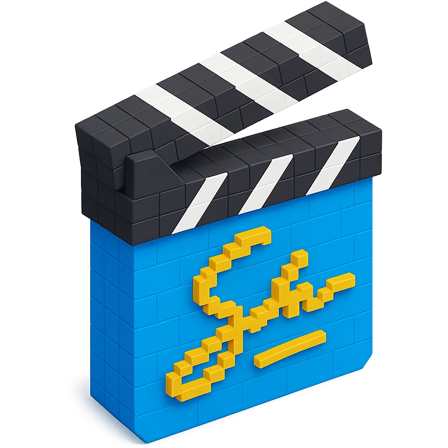voxel style movie clapperboard with a gold director's signature, isometric view emoji