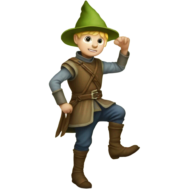 Medieval little whimsical little boy who is pale and he has a leaf hat and is about to get stepped on by a giant boot emoji