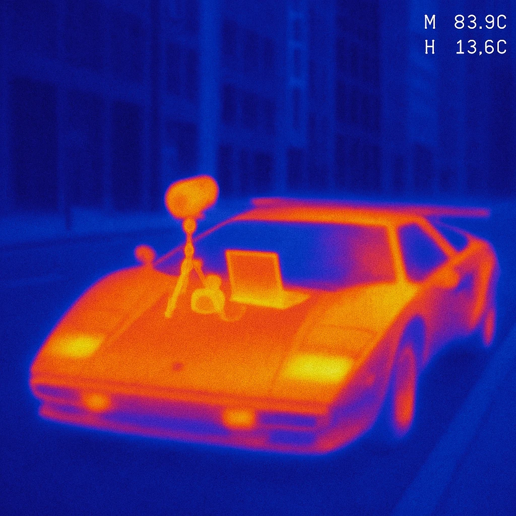 Lamborghini Countach with everything needed for sound recording and a laptop on the hood in a city background emoji