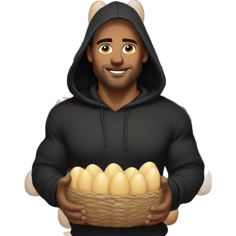 Buff white man with black hoodie and dark brown hair holding a ton of eggs emoji