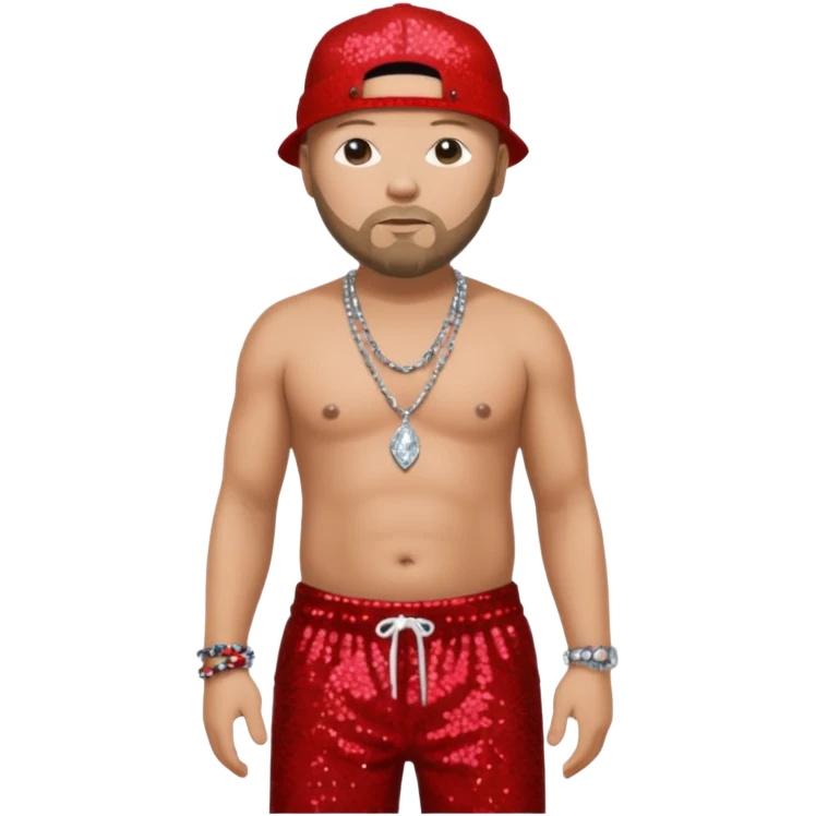 Fred Durst with red sequin baggy pants, shirtless with necklace emoji