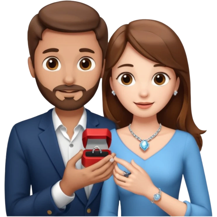 A brown haired man with a short beard proposing to a brown haired girl with a ring box emoji