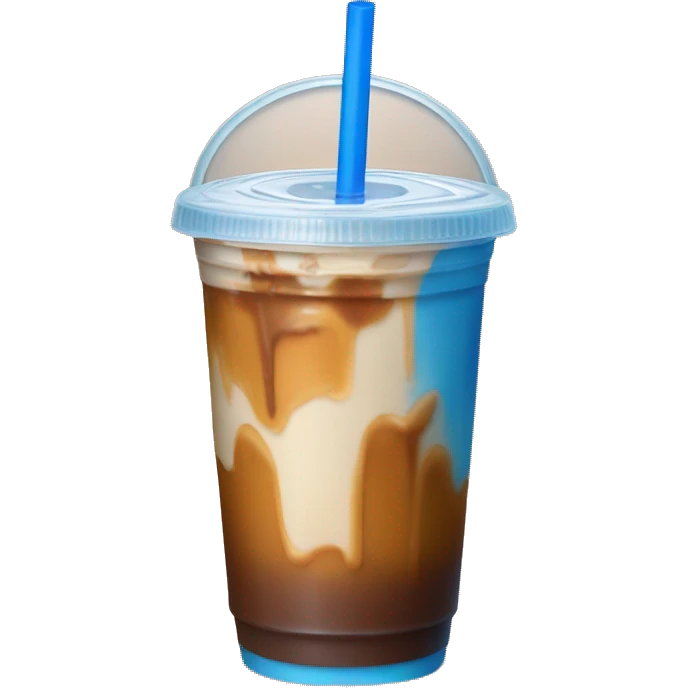 Iced caramel macchiato with a lid and blue straw emoji