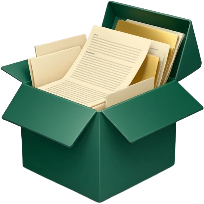 3D minimal open box with papers and documents floating out, matte finish, deep green (#0B3D2C) box, cream (#F5F5DC) papers, gold (#C9B037) subtle glow, Apple style, clean and premium, soft shadow, transparent background emoji