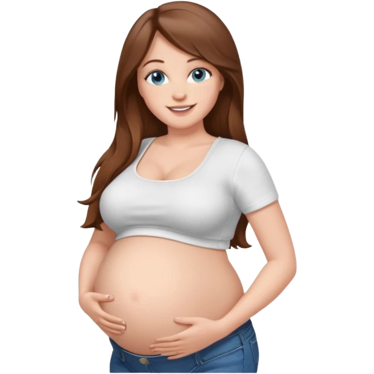 White girl, 18, long brown hair, blue eyes, white crop top, jeans, huge pregnant belly, big boobs, side view, skinny, bare midriff, smiling emoji