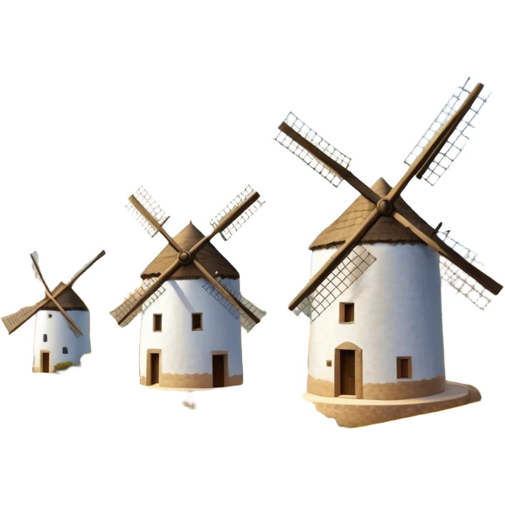 ​Cinematic Realistic Spanish Windmills (Mota del Cuervo), depicted as a cluster of gracefully aged windmills with weathered whitewashed facades and rustic wooden sails, standing proudly on a sunlit, rolling hillside of golden fields and olive groves, rendered with intricate textures and soft natural lighting that captures the timeless rural charm and historical significance of the Spanish landscape, emoji