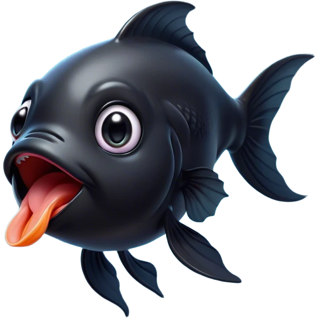 Cinematic Cute Yawning Black Goldfish Portrait Emoji, Head tilted slightly with a dramatic, wide-open yawn, showcasing a smooth, deep black body with elegant, flowing fins, eyes barely open in drowsy contentment, Simplified yet irresistibly adorable features, highly detailed, glowing with a soft, cozy glow, high shine, relaxed yet expressive, stylized with a touch of whimsy, bright and endearing, soft glowing outline, capturing the essence of a sleepy yet affectionate goldfish, so drowsy it feels like it could float out of the screen and curl up for a nap! emoji