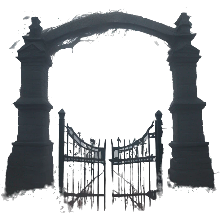 Haunting pig graveyard gate at noon, light fog emoji