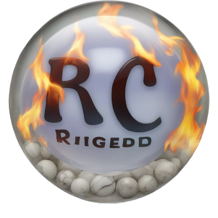 The word rigged with each letter in a glass marble on fire emoji