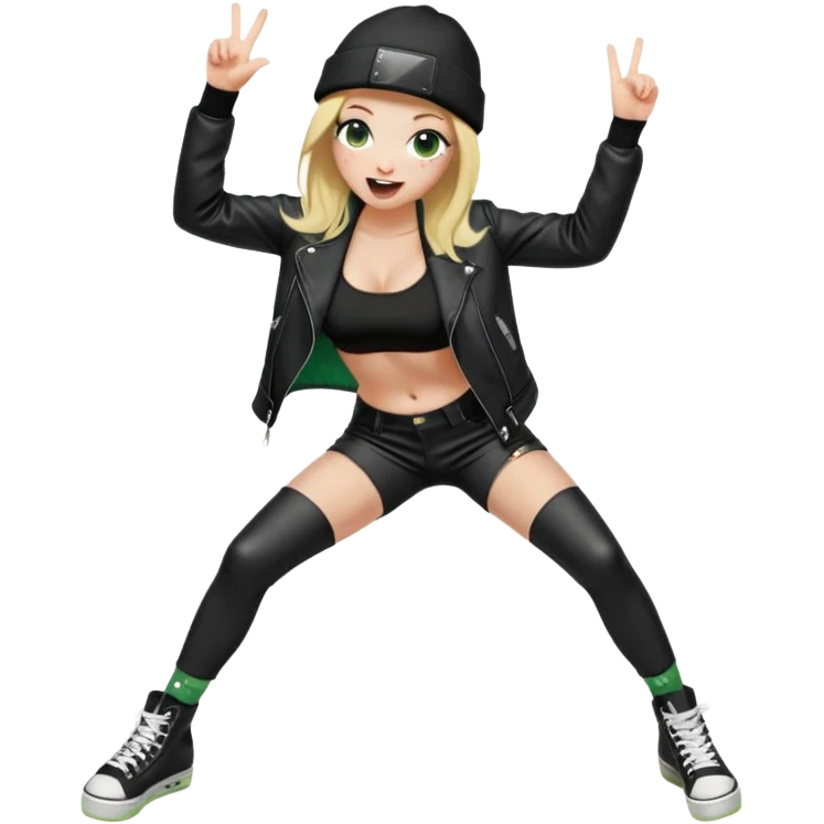 iPhone emoji style girl, blonde hair, black beanie, green eyes, freckles, winking, tongue out. Wearing black leather jacket, black leggings, big boobs, no bra, long white socks. Right hand doing "OK" sign. Full body, playful skater vibe and naked, transparent background. emoji