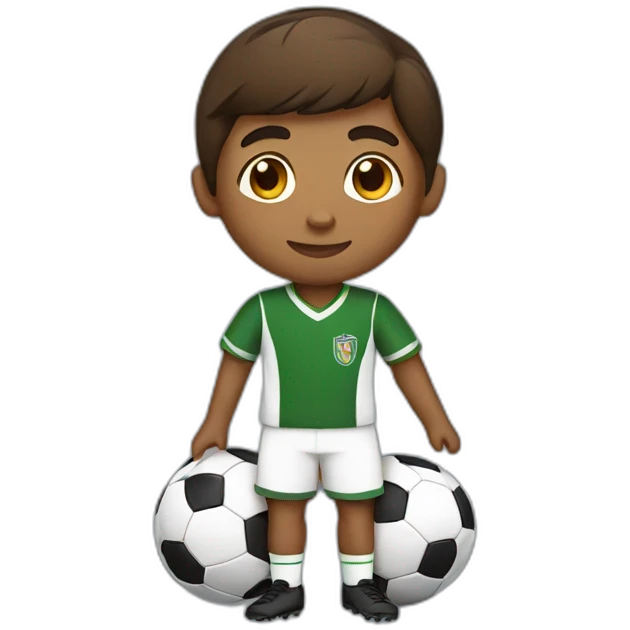 brown boy wearing soccer uniform holding a football emoji