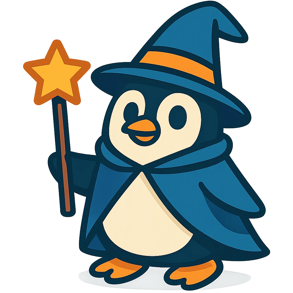 penguin dressed as a wizard, with a pointy hat and a magic staff, playful cartoon style emoji