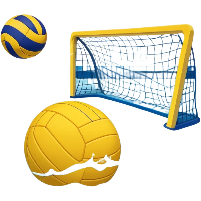 An icon featuring a yellow water polo ball floating on the water with goals in the background, inside a swimming pool. The design includes splashes and ripples, symbolizing the fast-paced action and strategy of water polo. Transparent background highlights. emoji