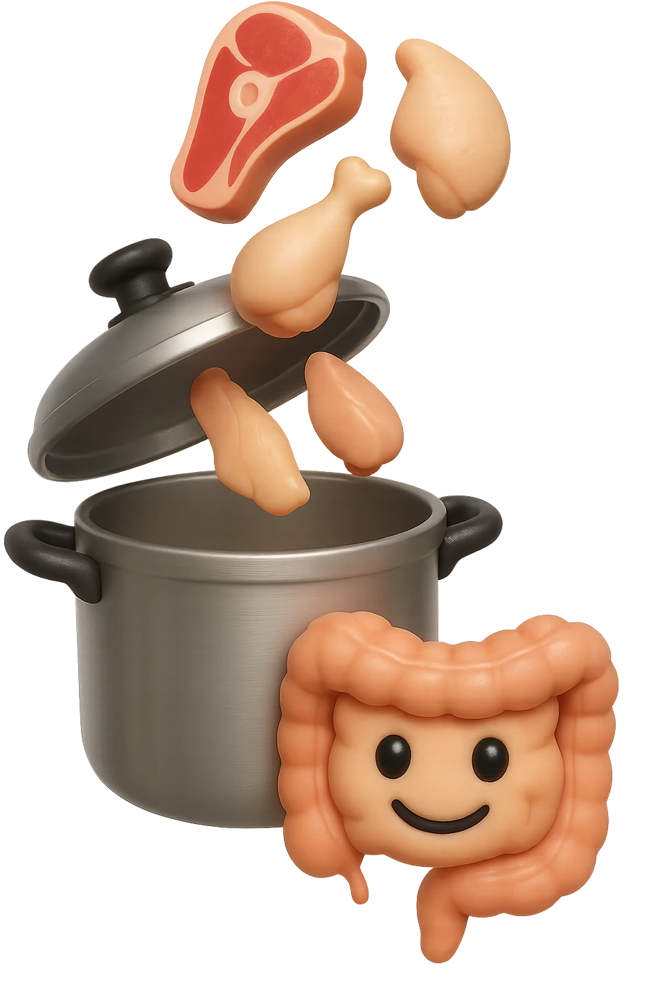 emoji stile iphone in 3d di una pentola a pressione dentro cui cadono agnello, pollo, tacchino crudi e un intestino umano felice da cuocere, iperrealistico 4k emoji