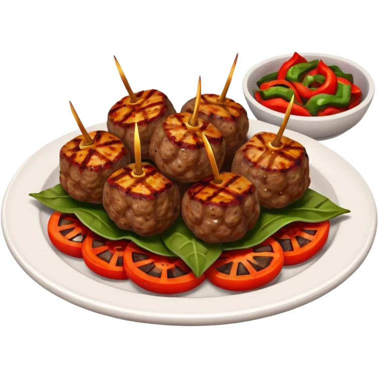 Akçaabat meatballs object icon, grilled Turkish kofte pieces on a plate, smoky char marks, juicy texture, served with grilled peppers and tomatoes, 3D cartoon, mobile game icon style, centered, clean background, no text, no watermark
 emoji