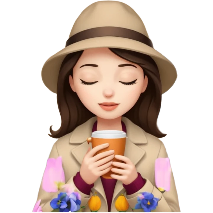 Brunette girl with white skin and eyes closed, wearing a clod ge coat's hat who smells the coffee in her hand in home emoji