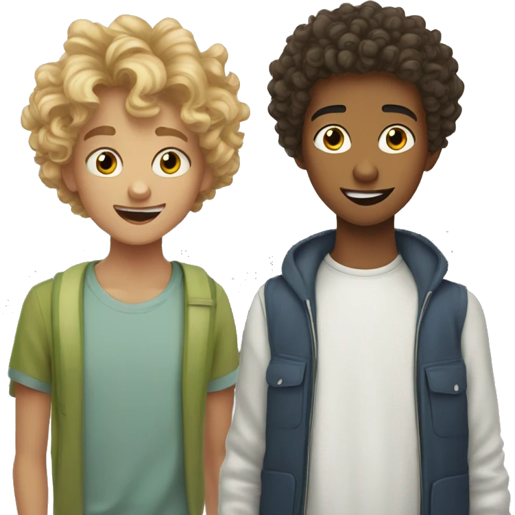 cartoon photo of both a mixed teen with curly hair and white teen boy with wavy short  hair saying shhh emoji