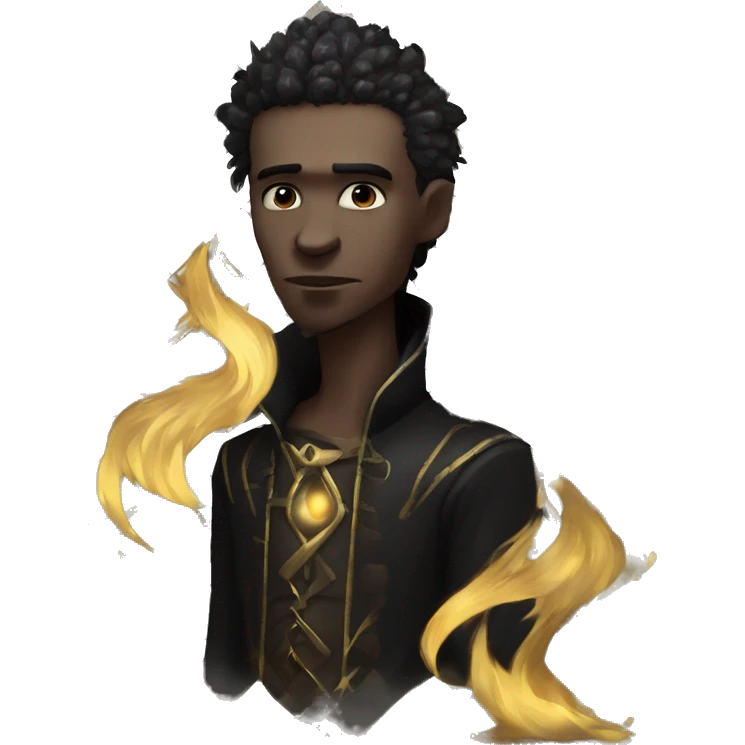 Hamlet young skinny sad man iridescent hair wearing raven feathers with a gilded hourglass and golden flames yin yang chess board emoji
