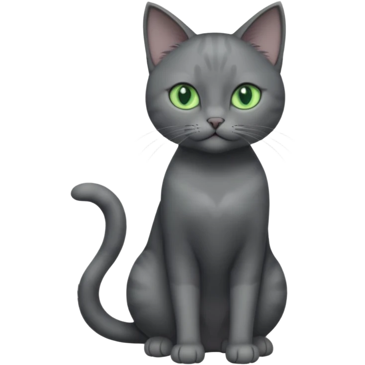 full body view of beautiful female solid dark grey cat with green eyes, grey face, white toes/paws and white patch on her chest emoji