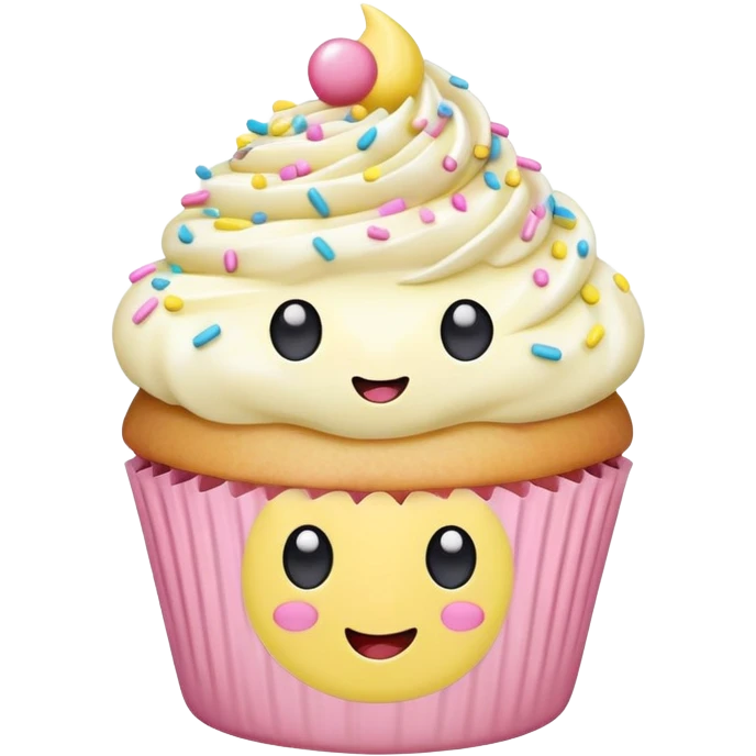 adorable pastel cupcake with sprinkles and a tiny happy face emoji