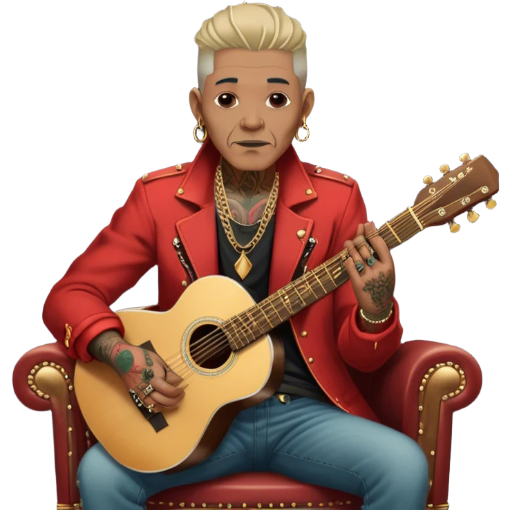 Icon for Chanson: Old chanson singer with tattoos, red jacket, gold chains, sitting on a chair with an acoustic guitar. The atmosphere should reflect a nostalgic, soulful vibe with vintage elements. Transparent background. emoji