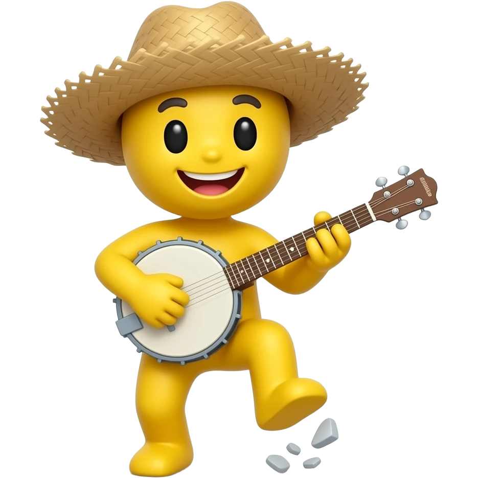 Little mini yellow emoji very happy, wearing straw hat playing banjo stomping his foot, top view emoji