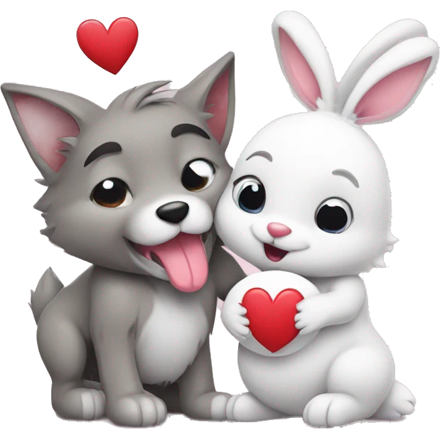 Old Wolf kiss a white Bunny who has pink ears, with big red heart between them. Heads only, with no body  emoji