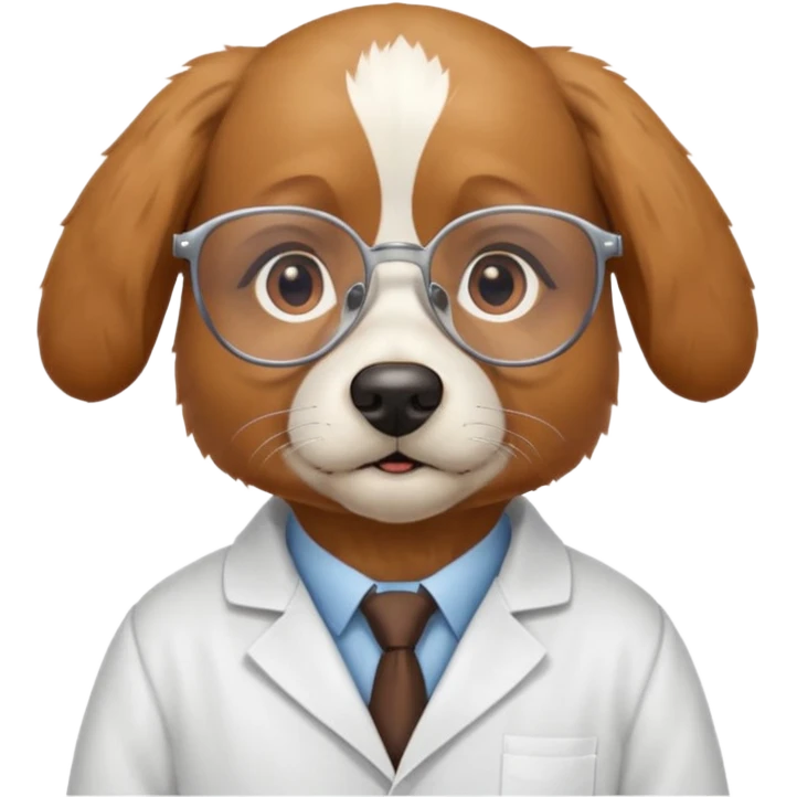 Wise dog with glasses, wearing a lab coat, perched on a stack of books. emoji