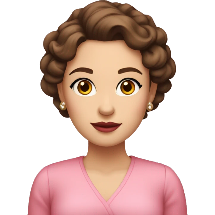 She is white, she has soft features, fair skin, and almond-shaped eyes. Her defined eyebrows and natural pink lips frame her face. Her dark, wavy hair is partially tied back, giving her an elegant yet relaxed look. She wears a luxurious red V-neck dress.
 emoji
