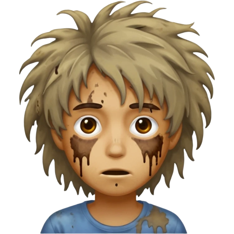 very dirty looking homeless person very very dirty and smelly looking face only, not old with stains everywhere and messy hair and lots of stains on face emoji