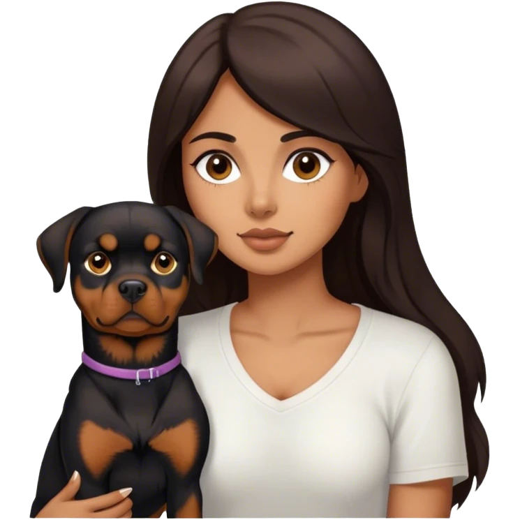 Latina with long dark brown hair and her pet Rottweiler emoji